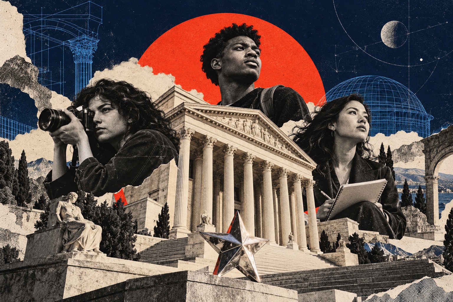 Conceptual collage of young creators and researchers around a classical university, with a rising red sun.